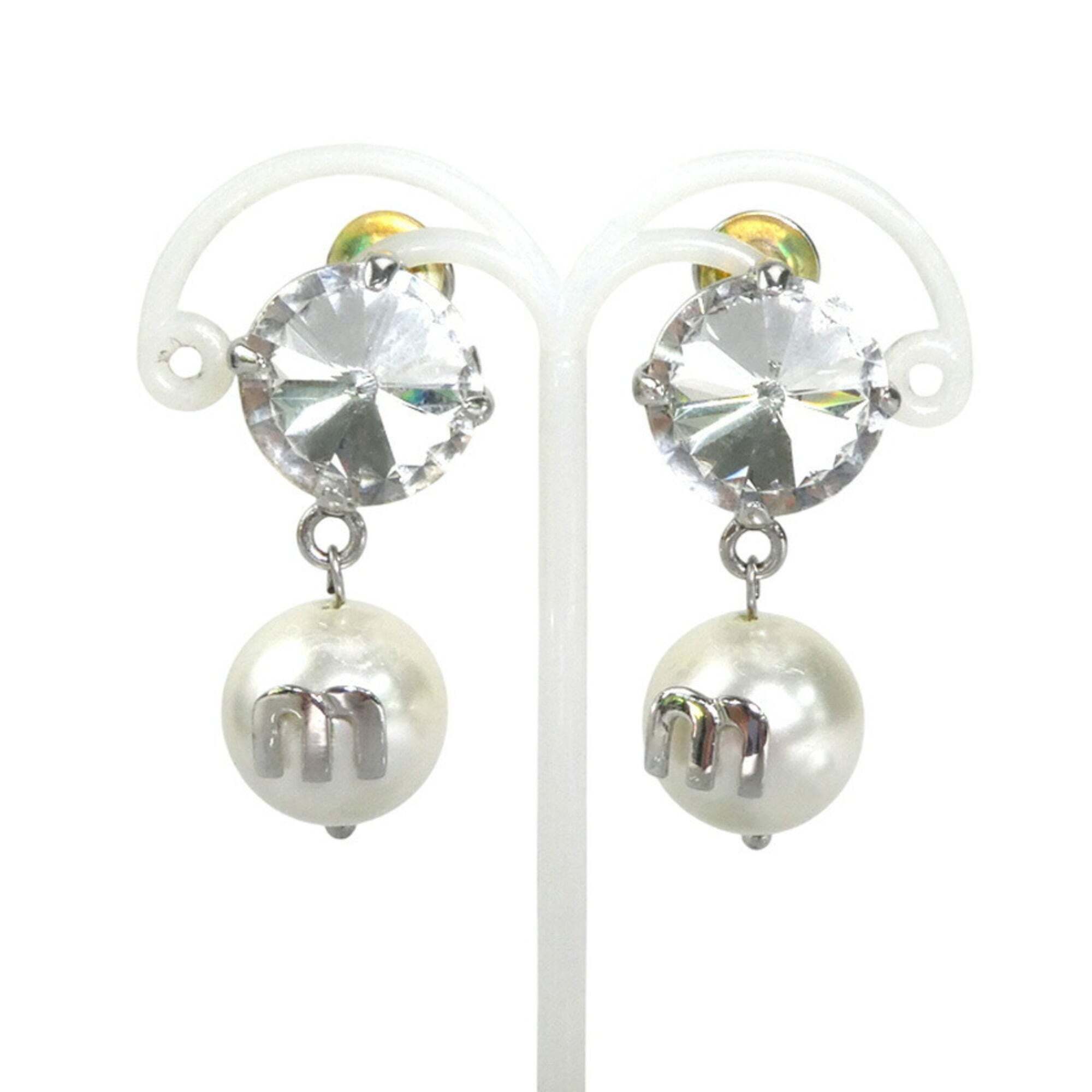 Miu Miu Miu Earrings Metal Faux Pearl Silver X White Women's 56030a